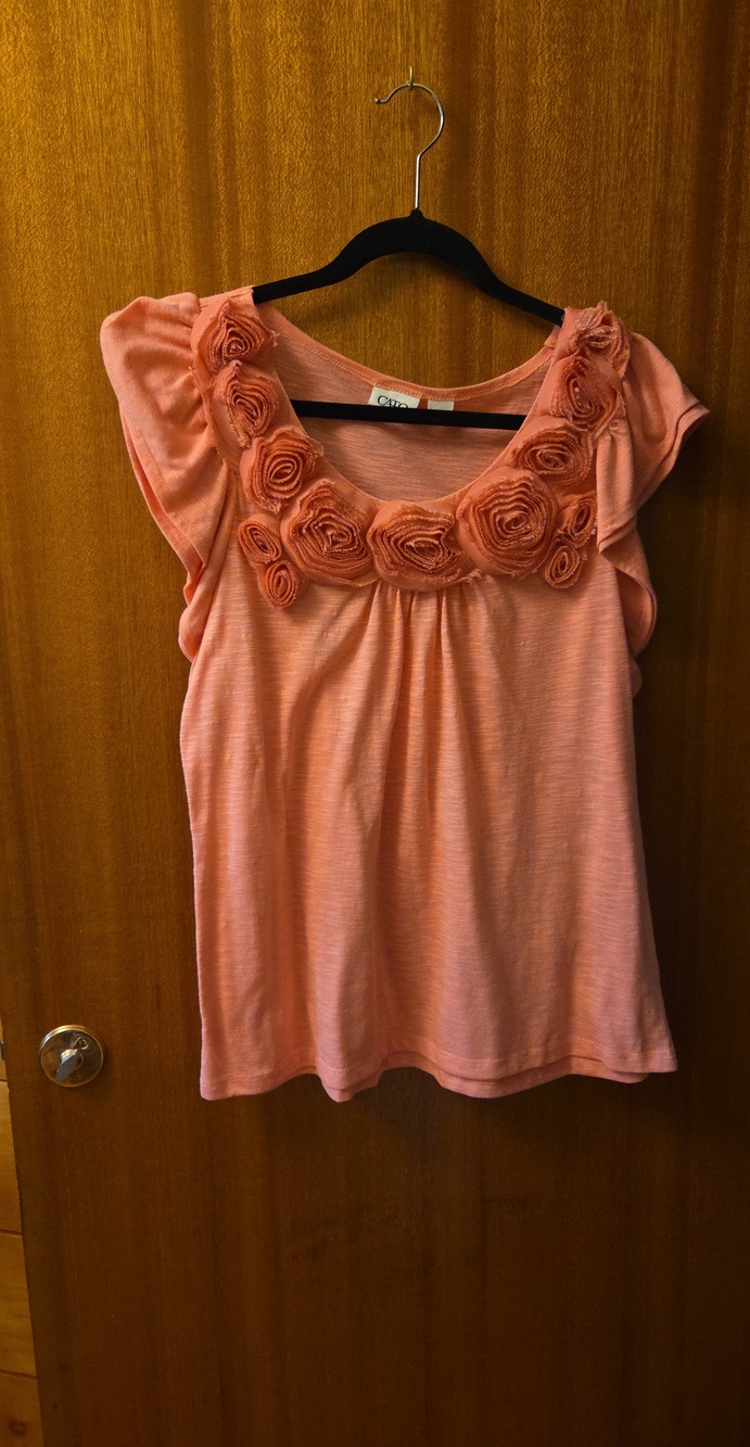 Cato Coral Short Sleeve Tee with Rosette Neckline